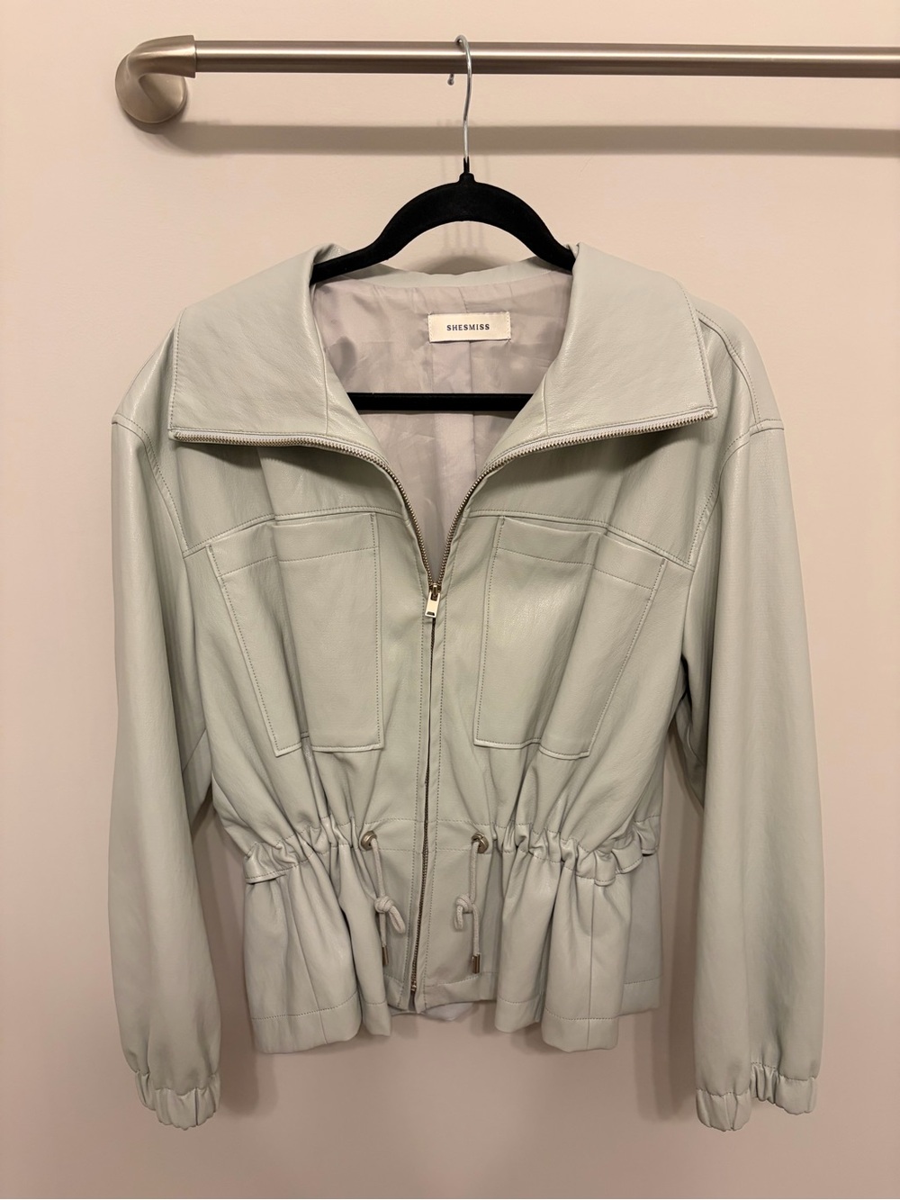 Women's Sky Blue Faux Leather Cinched Waist Jacket